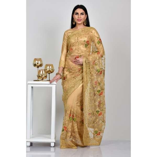 Beige Net Embroidered Wedding Saree