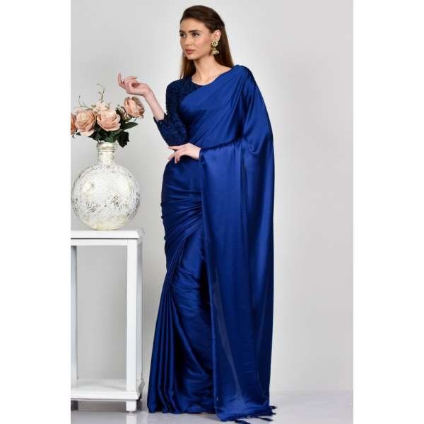 Navy Blue Plain Satin Evening Saree