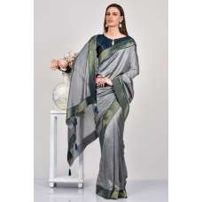 Grey Teal Blue Stitched Blouse Party Saree