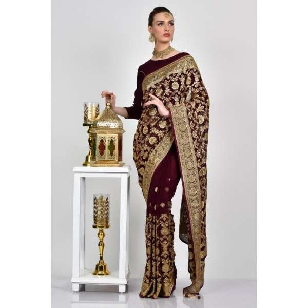Maroon Heavy Embellished Pakistani Bridal Saree