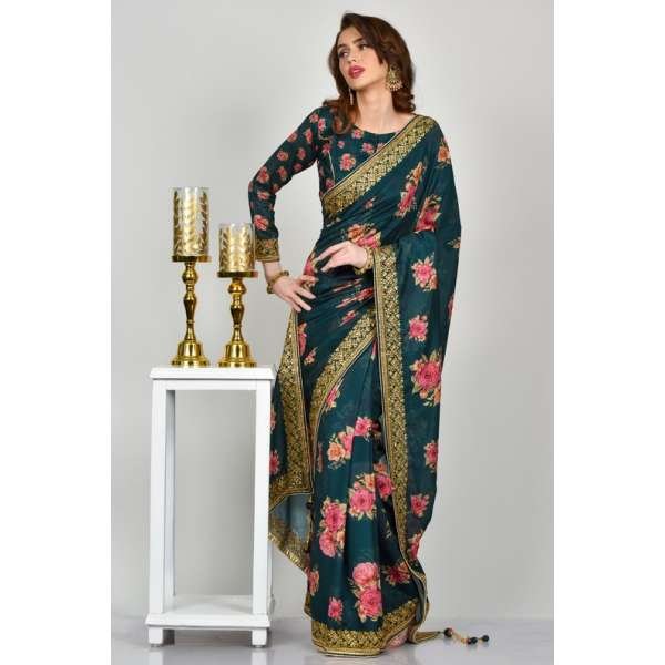 Teal Green Digital Printed Floral Saree