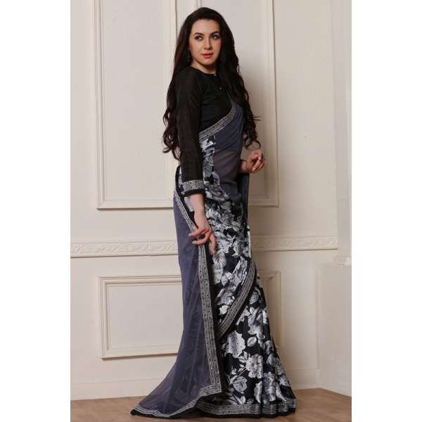 ZACS-608 STUNNING BLACK AND GREY PRINTED GEORGETTE READY TO WEAR SAREE