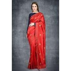 Flame Scarlet Red & Navy Blue Embroidered Ethnic Wear Saree