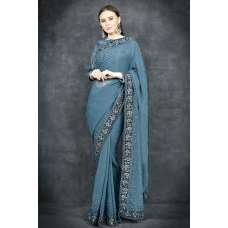 Mosaic Blue Georgette Readymade Floral Embroidered Saree