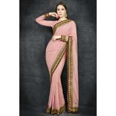 Rose Tan Border Embroidered Desi Party Wear Saree Rose Tan Border Embroidered Desi Party Wear Saree