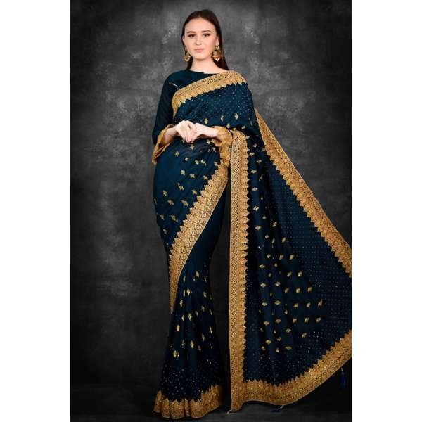 Peacock Blue & Gold Border Designer Party Wear Saree