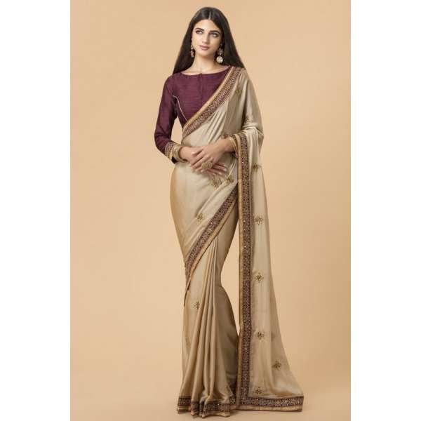ZACS-714 BEIGE AND PLUM TRADITIONAL INDIAN STYLE SAREE