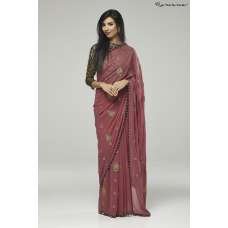 ROSE PINK DESIGNER SAREE WITH BLACK GOLD BROCADE BLOUSE
