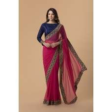 ZACS-716 RANI PINK AND NAVY BLUE BLOUSE BOLLYWOOD STYLE READY MADE SAREE