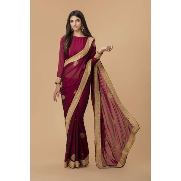 MAROON GEORGETTE SAREE WITH RICH GOLD BORDER