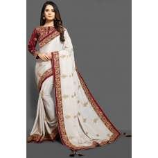 BRILLIANT WHITE & MAROON EMBROIDERED BLOUSE PAKISTANI WEDDING SAREE