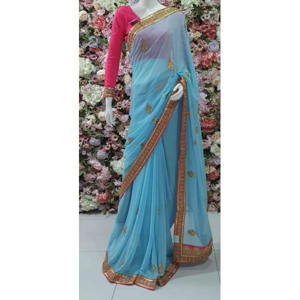HOT PINK & BLUE ZARI EMBROIDERED INDIAN PARTY WEAR SAREE