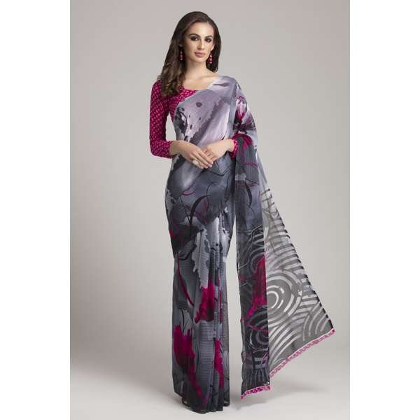 STUNNING GREY AND PLUM PRINTED SAREE