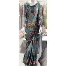 GREEN PAKISTANI DESIGNER FLORAL PRINTED SATIN SAREE GREEN PAKISTANI DESIGNER FLORAL PRINTED SATIN SAREE