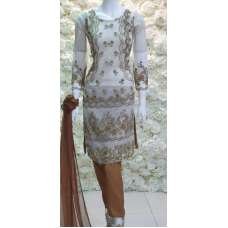OFF WHITE BROWN GOLD ORGANZA READYMADE PAKISTANI DESIGNER SUIT 