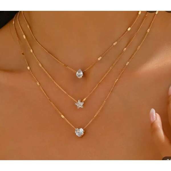 Golden Multi-Layer Necklace with Heart, Teardrop, and Star