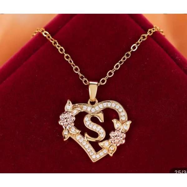  Golden Necklace with S Heart Gemstone Pendant