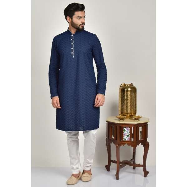 Navy Blue & White Pakistani Men Eid Payjama Kurta