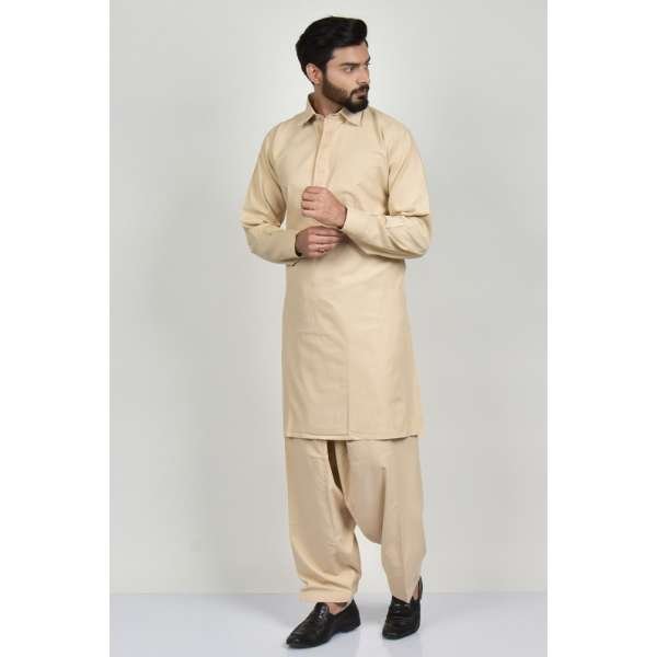 Beige Plain Pakistani Mens Shalwar Kameez