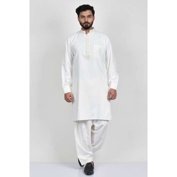 White Plain Kurta Shalwar For Men