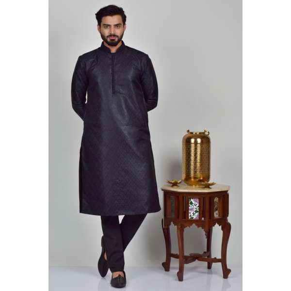 Navy Blue Brocade Design Mens Kurta Pajama
