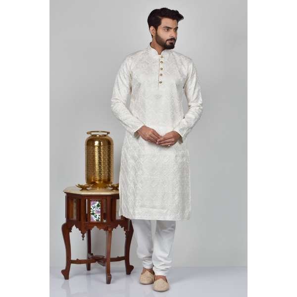 Off White Indian Designer Readymade Kurta Pajama For Men