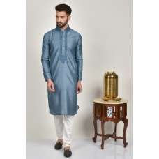 Grey Embroidered Kurta & White Pajama For Men