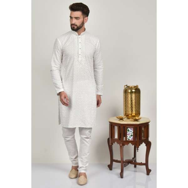 White Pakistani Mens Chicken Kurta Pajama 