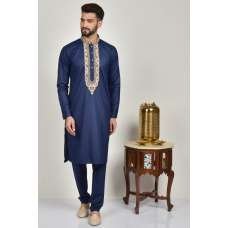 Navy Blue Embroidered Formal Kurta For Men