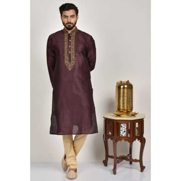 Maroon Embroidered Designer Men's Kurta Pajama