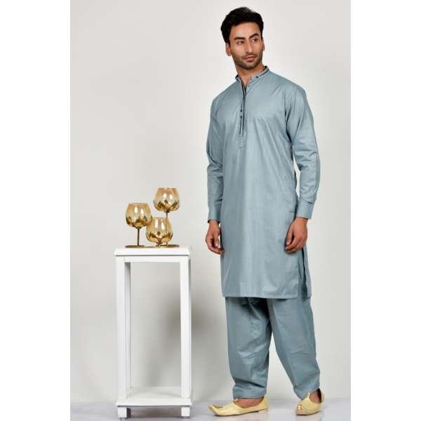 Grey Readymade Kurta Shalwar Mens Eid Suit