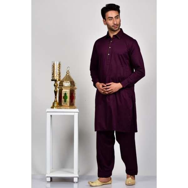 Dark Plum Mens Designer Shalwar Kameez Eid Suit