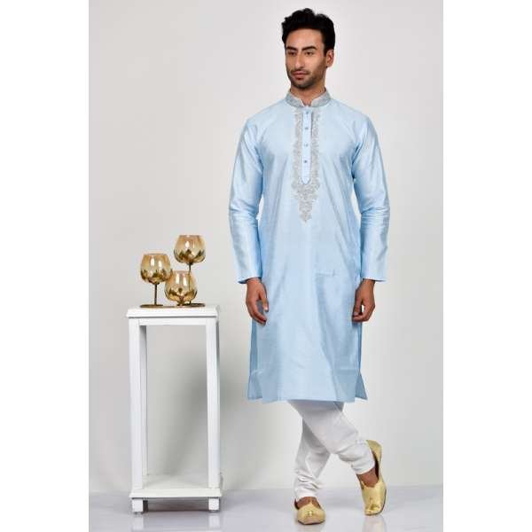 Sky Blue Designer Embroidered Mens Kurta Pajama