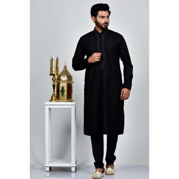 Black Embroidered Premium Pakistani Kurta Pajama For Men