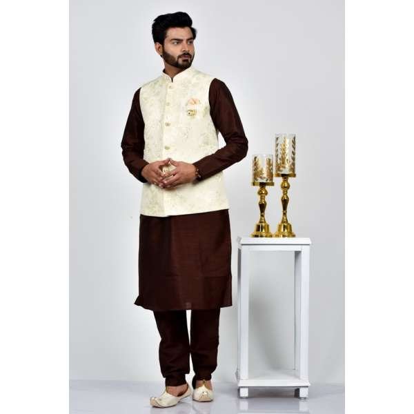 Cream Jammawar Waistcoat Mens Fancy Attire