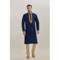 NAVY BLUE POLYESTER EMBROIDERED INDIAN READY MADE KURTA AND PAJAMA