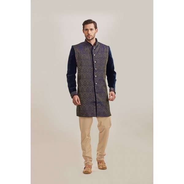 TRADITIONAL NAVY BLUE EMBROIDERED SHERWANI AND PYJAMA SUIT