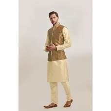 GOLD RUST INDIAN WEDDING STYLE BROCADE WAISTCOAT PAJAMA SUIT