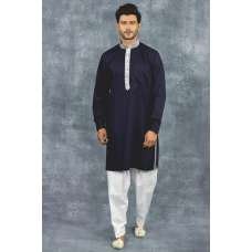 Navy Blue Kurta White Shalwar Pakistani Designer Men's Suit