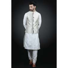White Waistcoat Indian Suit Men's Readymade Kurta Pajama Set
