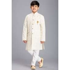 WHITE JACQUARD JACKET STYLE KURTA AND PAJAMA YOUNG BOYS EID SUIT