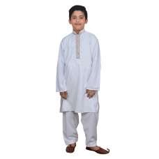 Off White Embroidered Band Collar Kurta Set for Boys