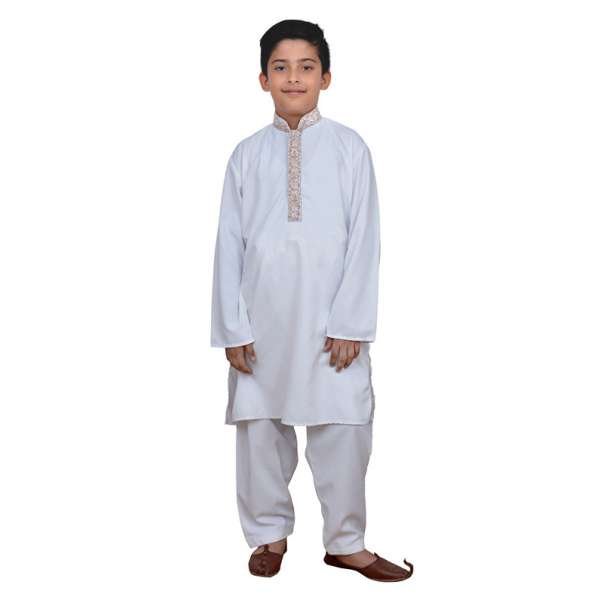 Off White Embroidered Band Collar Kurta Set for Boys