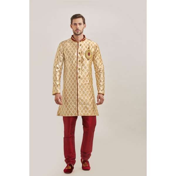 GOLD AND MAROON SLEEK KURTA AND PAJAMA INDIAN MEN'S WEAR 