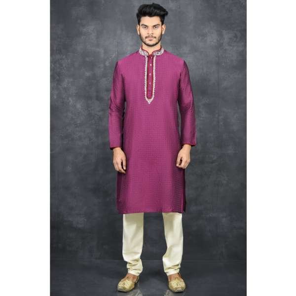 Plum & Off White Embroidered Men's Kurta Pajama Set