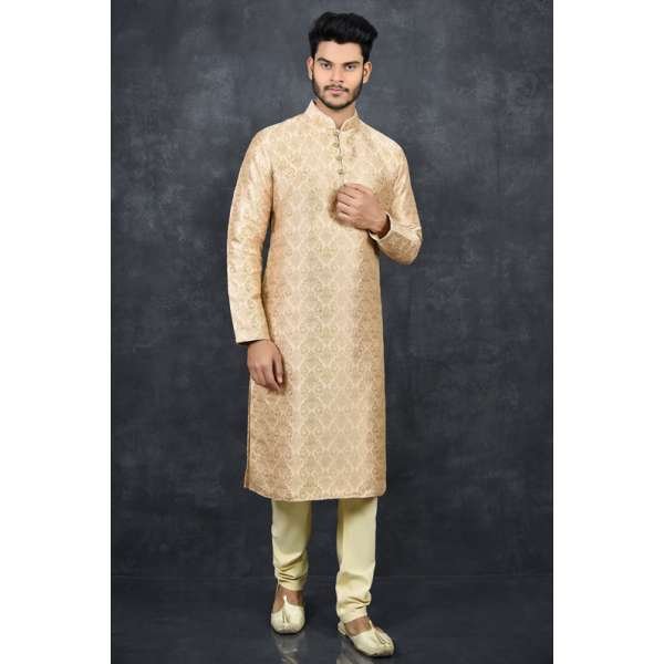 Coral Peach Jacquard Embroidered Ethnic Men’s Readymade Kurta Pajama