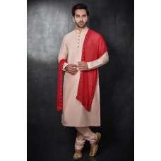 PEACH INDIAN MEN'S WEDDING WEAR KURTA PAJAMA & CONTRAST STOLE