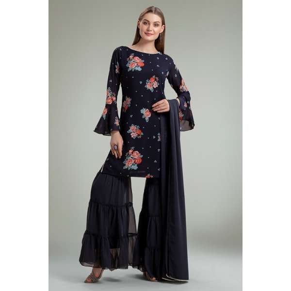 NAVY BLUE FLORAL PRINTED GHARARA SUIT