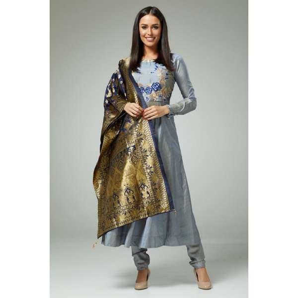 SILVER INDIAN ETHNIC PARTY WEAR SALWAR KAMEEZ WITH BANARSI DUPATTA