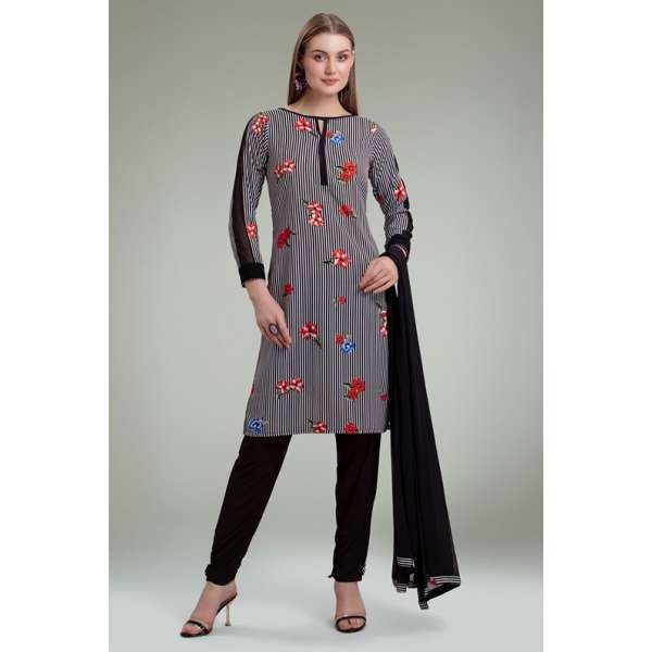 GRACEFUL BLACK AND WHITE FLORAL PRINTED SALWAR KAMEEZ SUIT